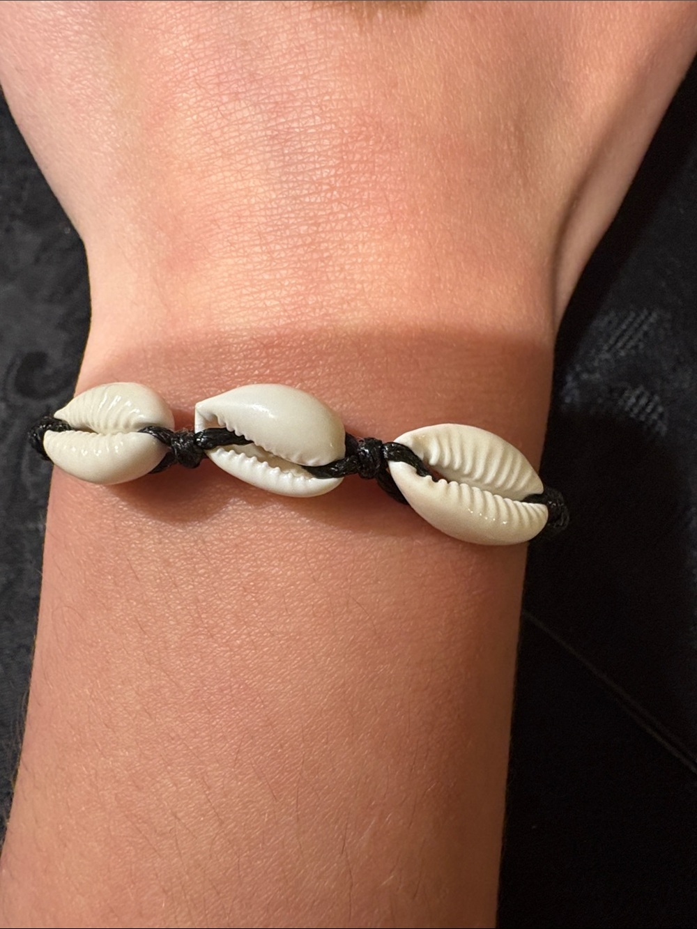 Handcrafted White Cowrie Shell Bracelet on Black Cord